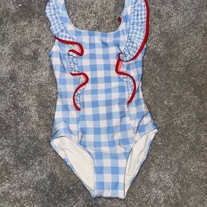 Cat & Jack Girls Blue Gingham Ruffle One Piece Swimsuit Size S 6 6X